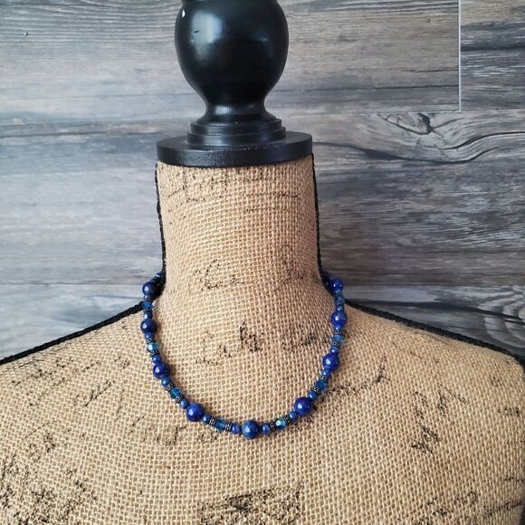 Navy Blue Abstract Glass Ceramic Heavy Statement Necklace Medium Size Beaded 💙 - Picture 2 of 6